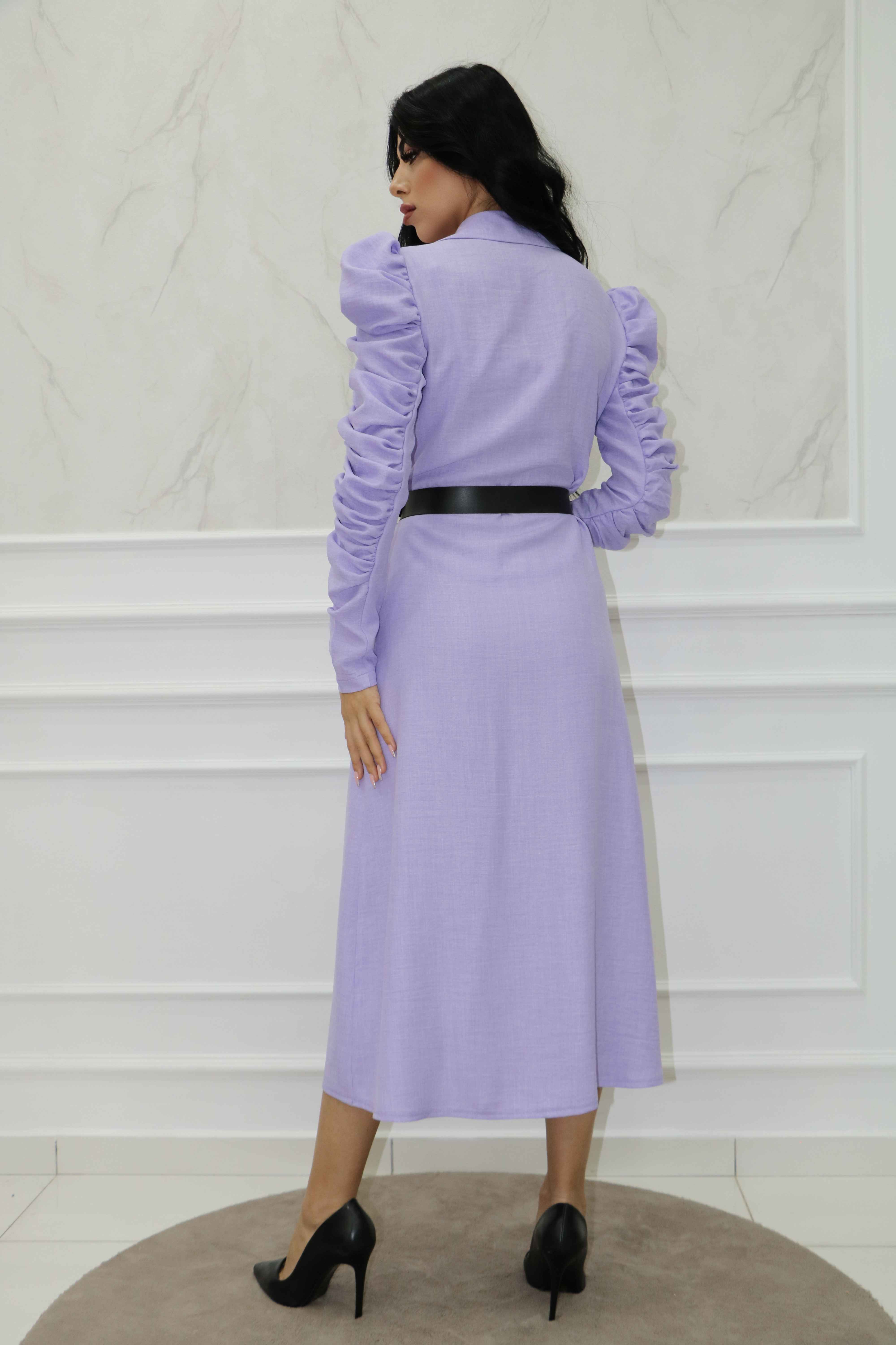 2006 - Linda Keten Tasarım Koları Büzgülü Kemer Düğme Aksesuarlı Diz Altı Günlük Elbise