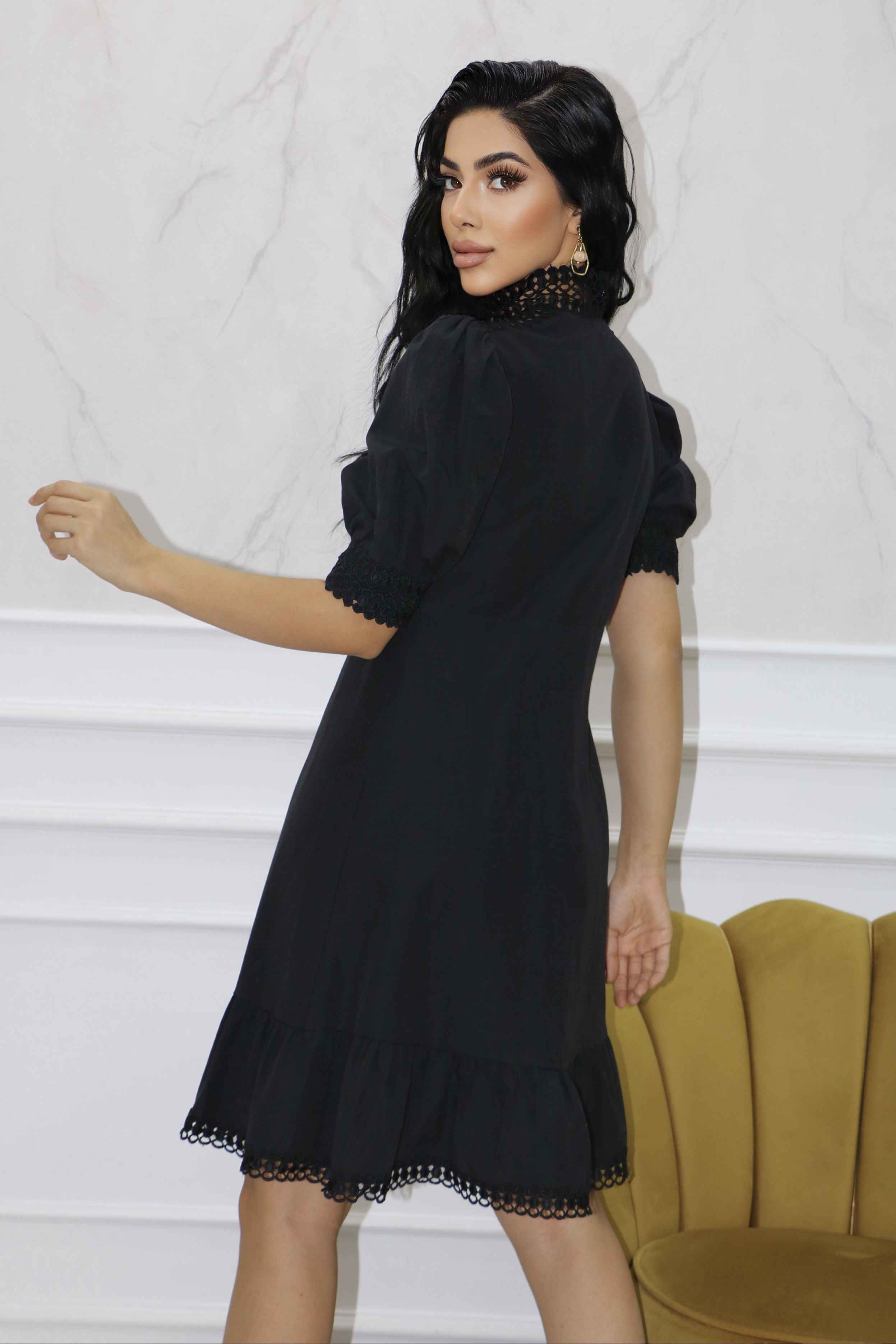 2058 - Terikoton Tasarım Güpür Dantel Düğme Aksesuarlı Günlü Elbise