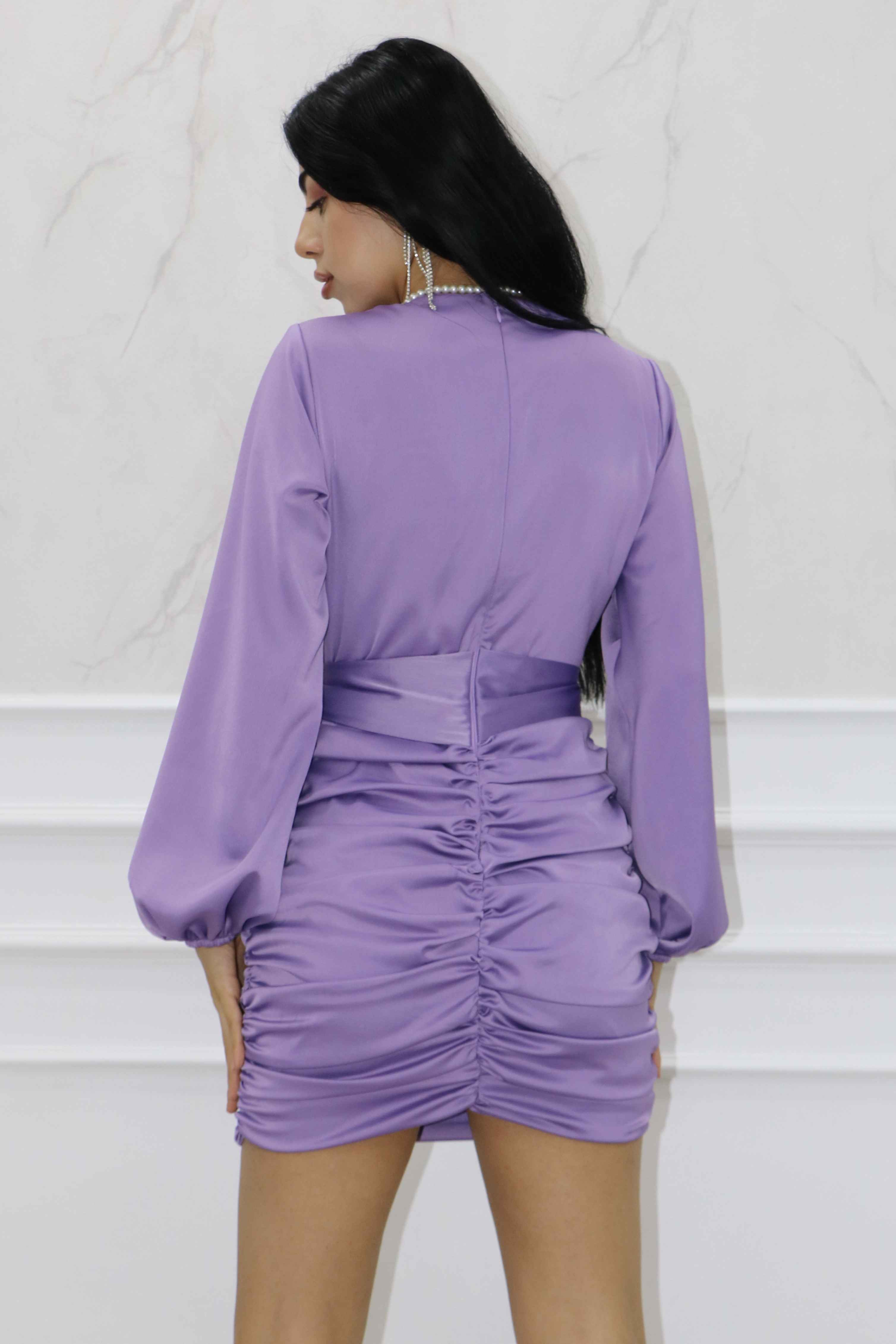 2086 - Kobe Saten Tasarım V Dekolteli Kemerli Pileli Mini Abiye Elbise