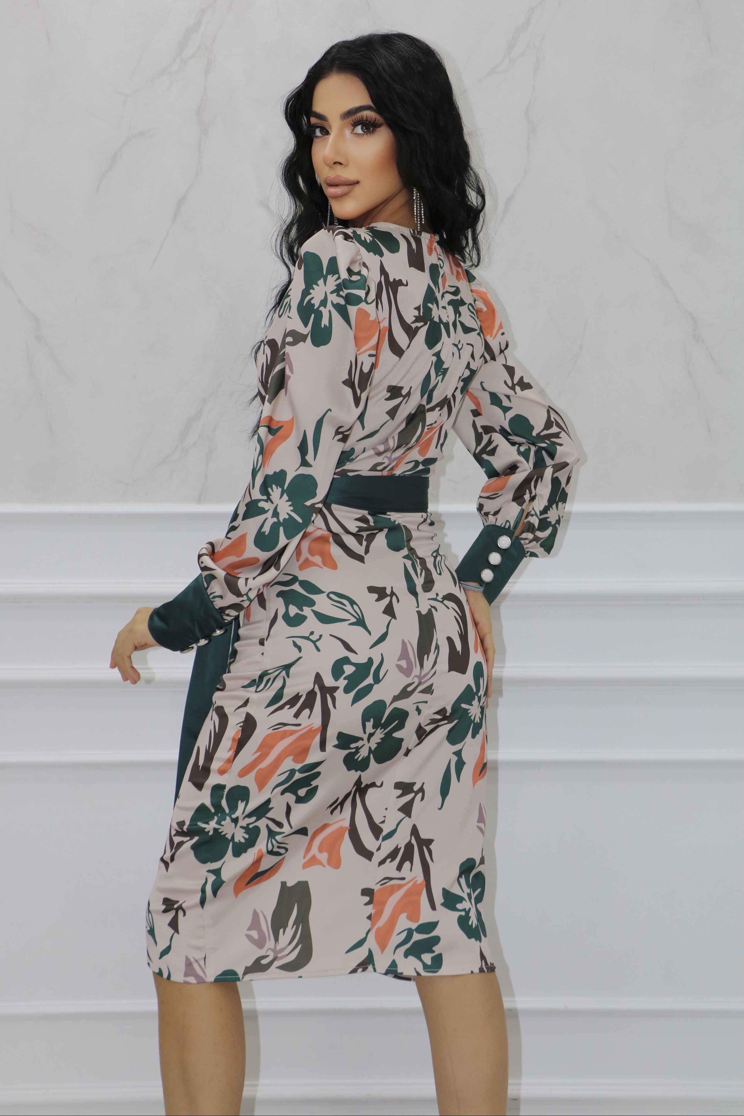 2114 - Dijital Baskılı Zara Saten Tasarım Yırtmaçlı V Dekolteli Kuşaklı Günlük Elbise