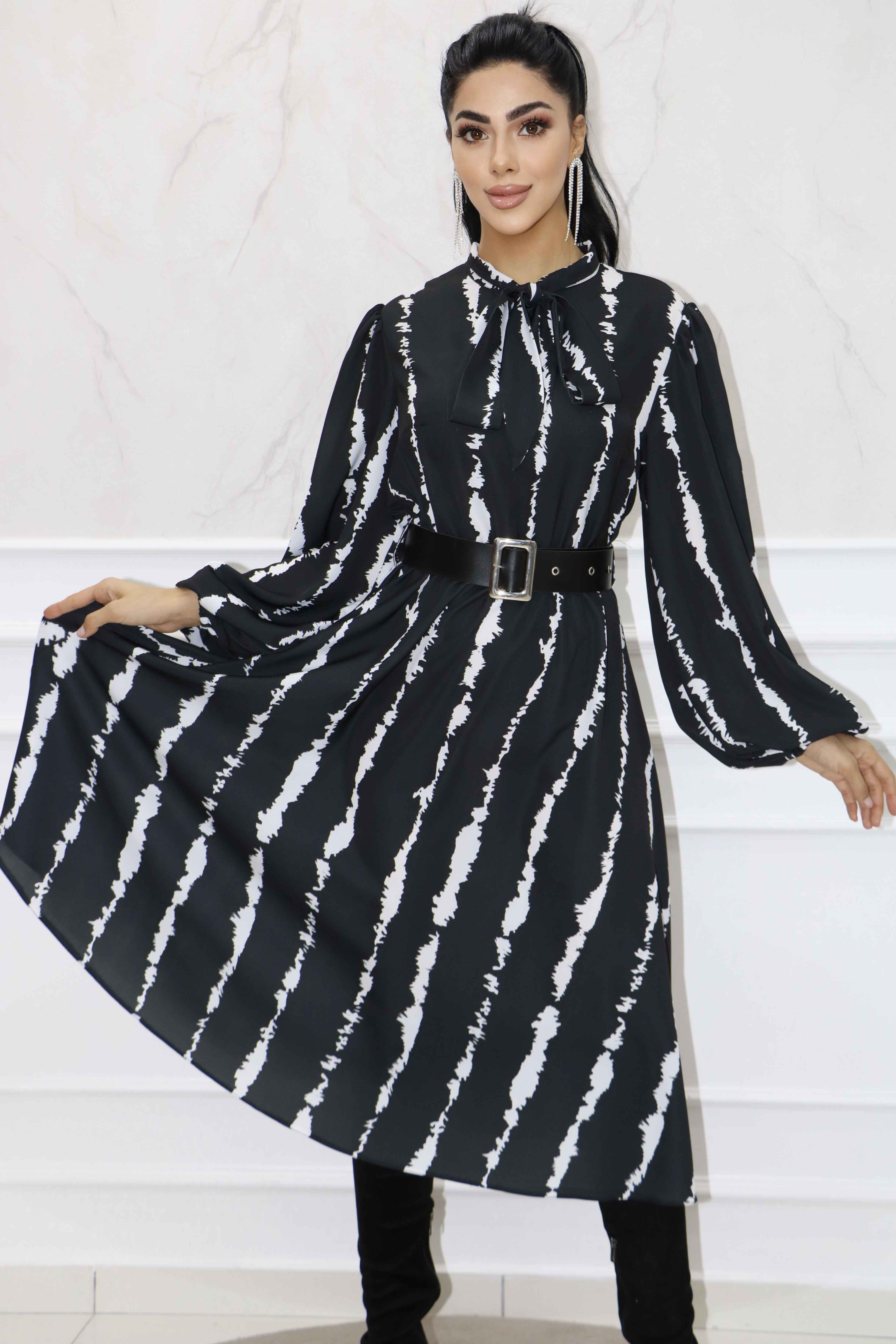 2123 - Jesika Tasarım Fularlı Kemer Aksesuarlı  Midi Elbise