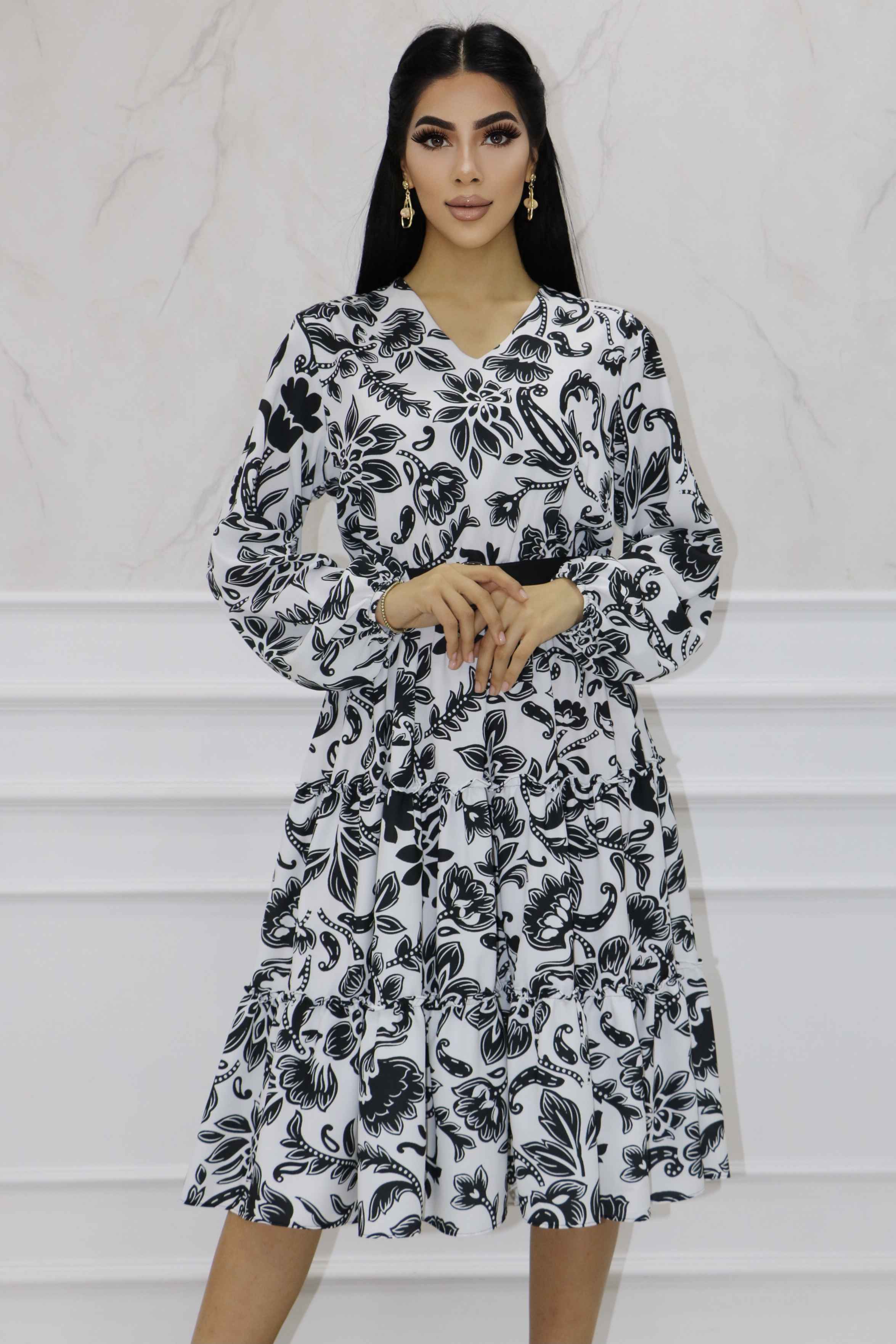 2146 - Dijital Baskılı Jesika Tasarım Kemerli Günlük Elbise