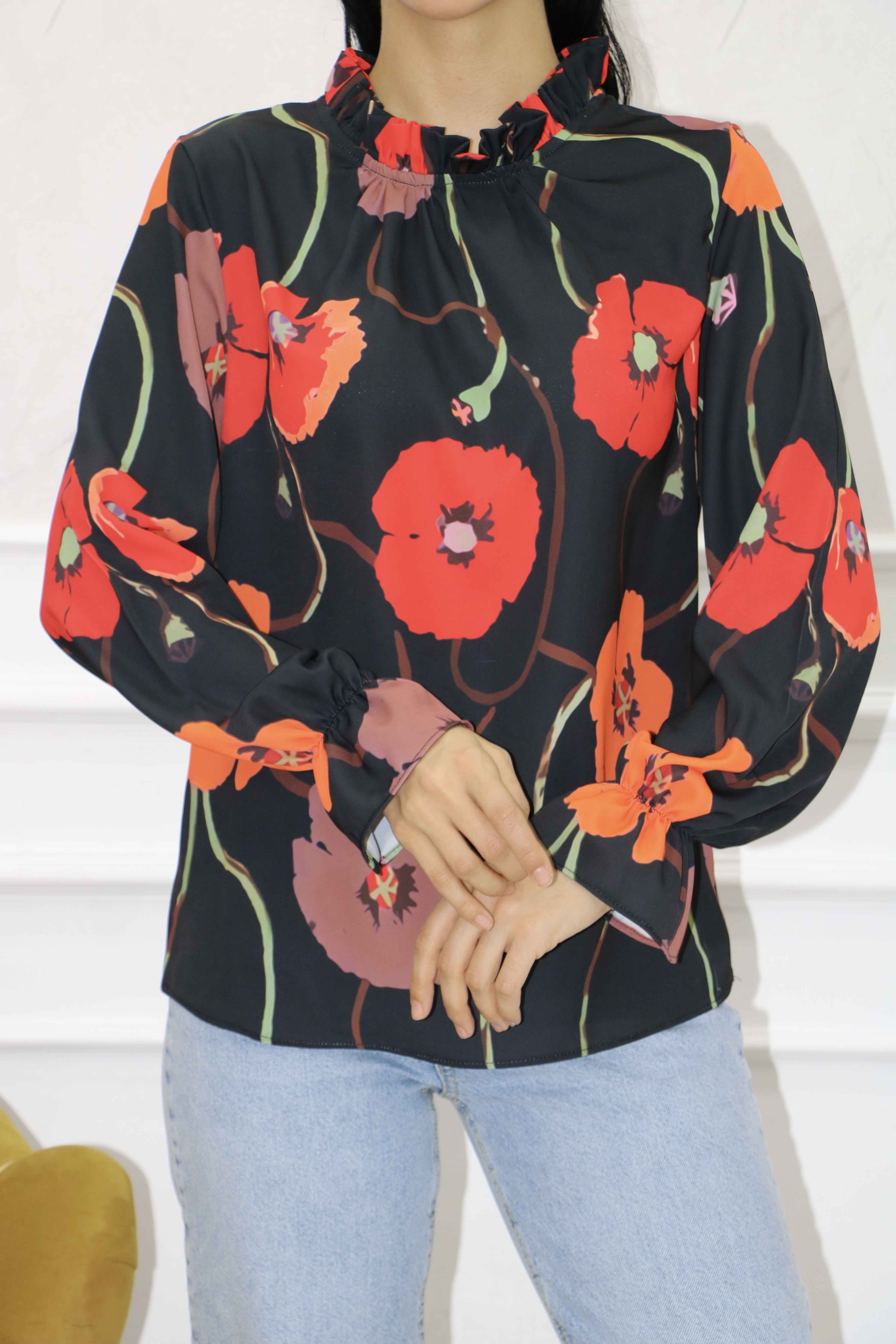 2147 - Jesika Tasarım Dijital Baskılı Çiçek Desenli Bluz