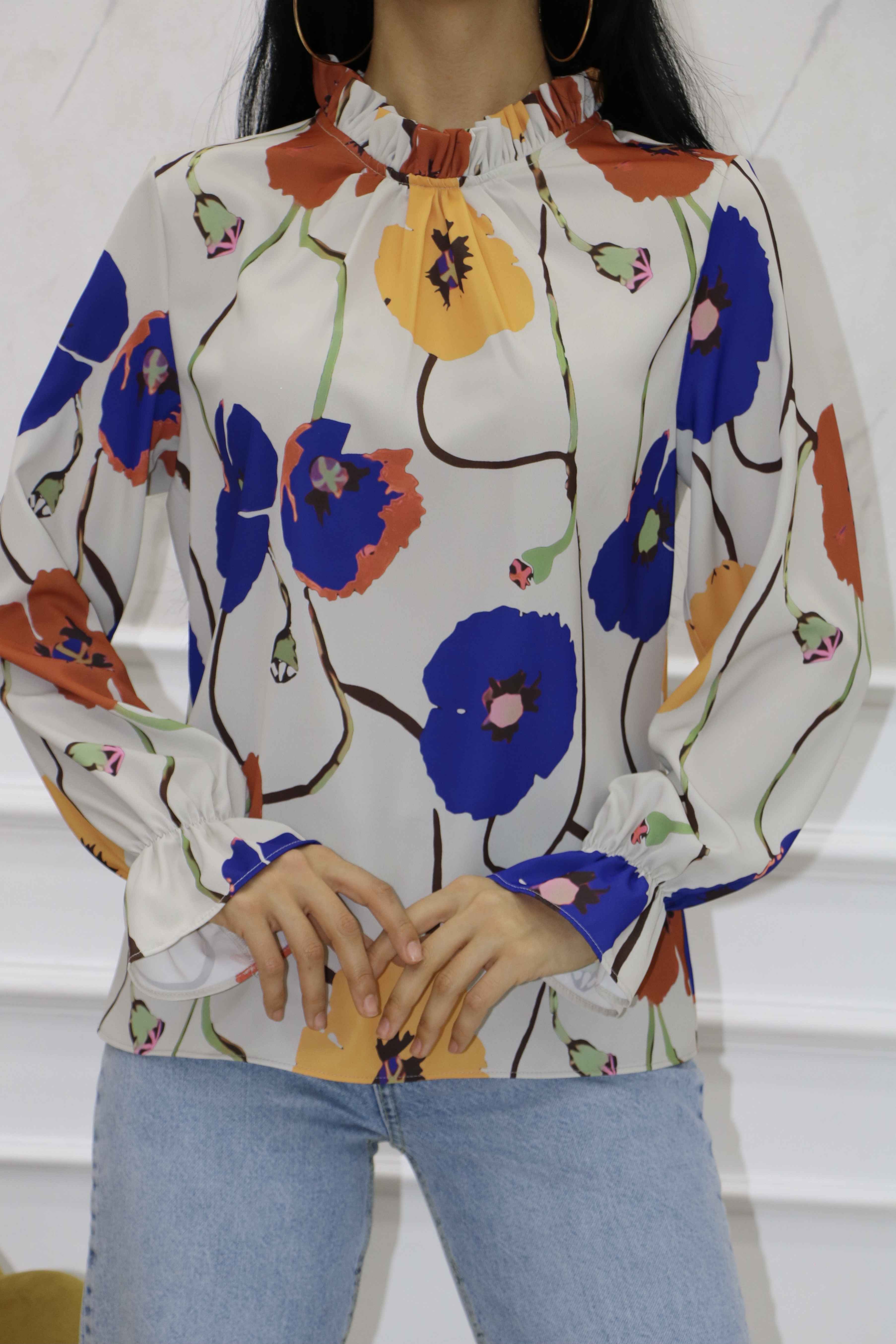 2147 - Jesika Tasarım Dijital Baskılı Çiçek Desenli Bluz
