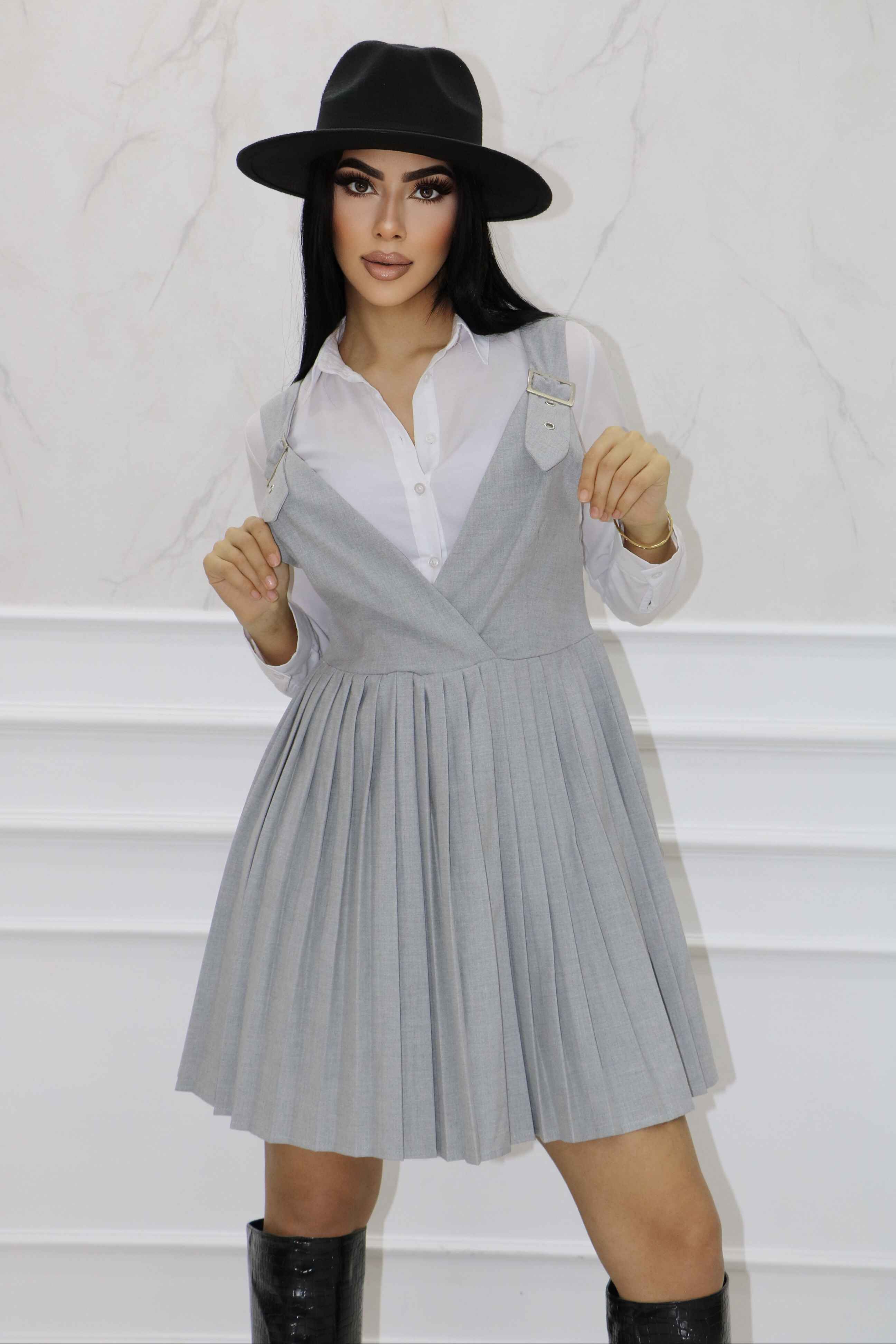 2152 - Poliviskon Tasarım Akılı Eteği Pileli Günlük Elbise