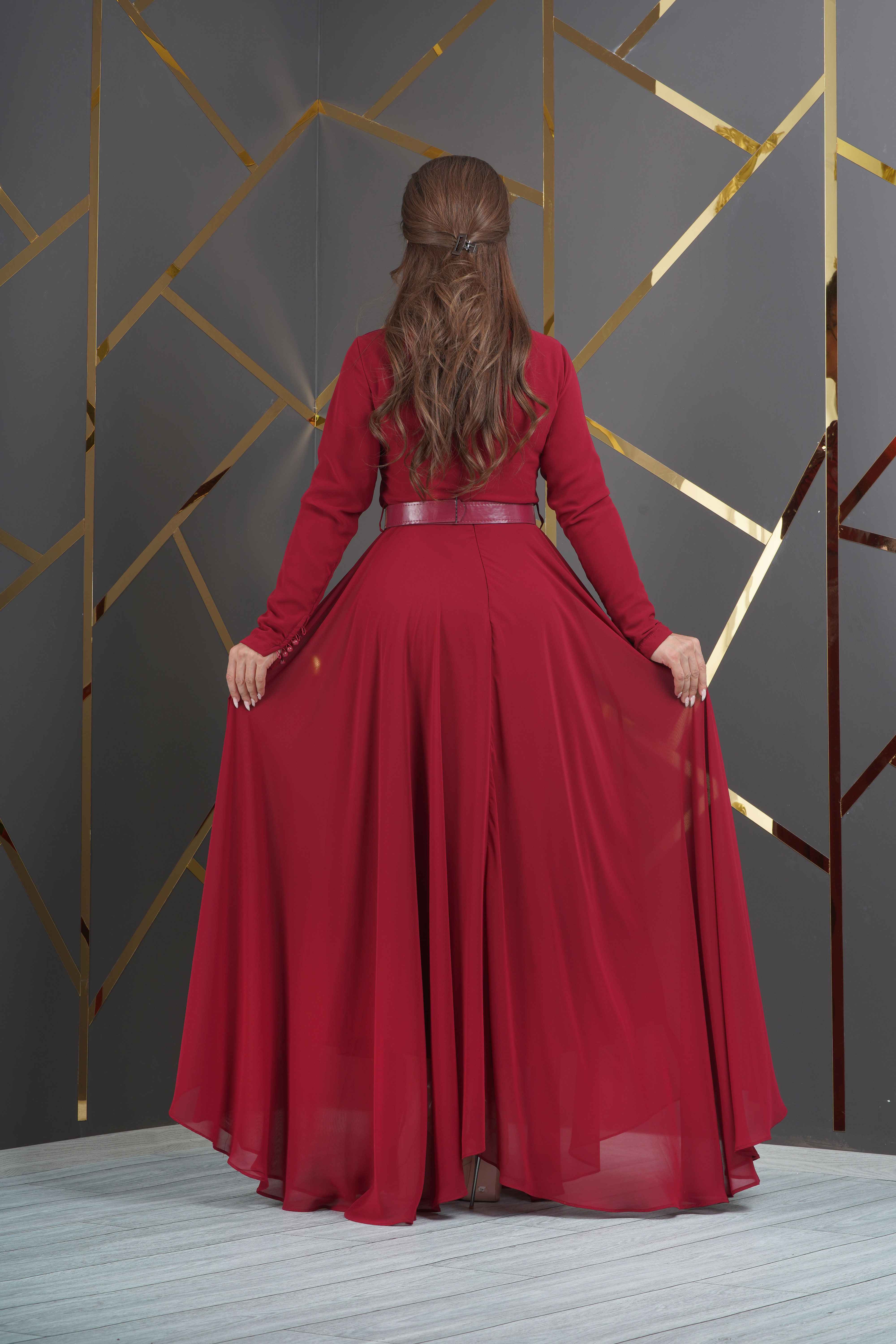 8529 - Tesettür Şifon Tasarım Güpür İnci Kemer Aksesuarlı Uzun Elbise Abiye