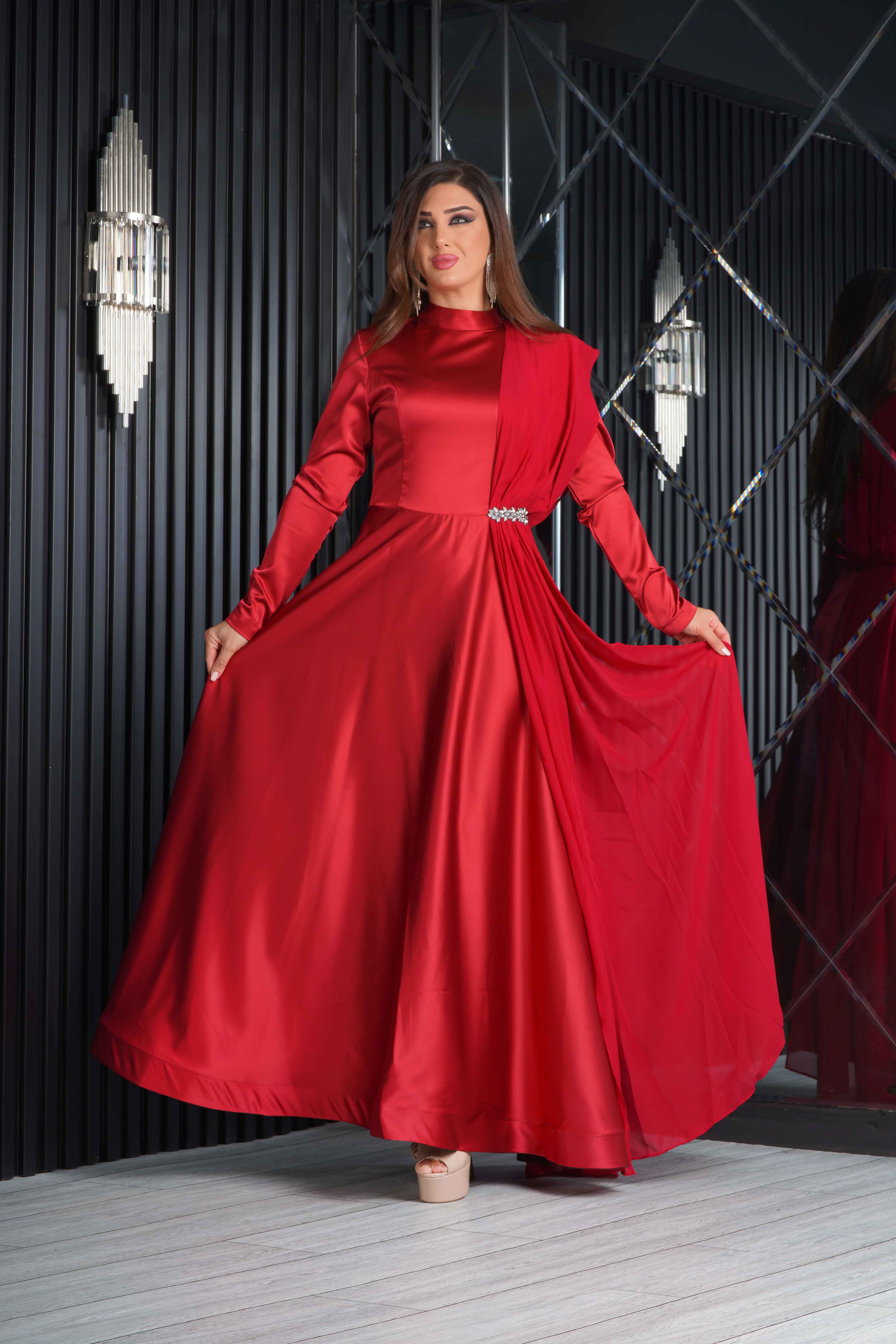 8530 - Tesettür Saten Tasarım Şifon Taş Aksesuarlı Uzun Tesettür Elbise Abiye