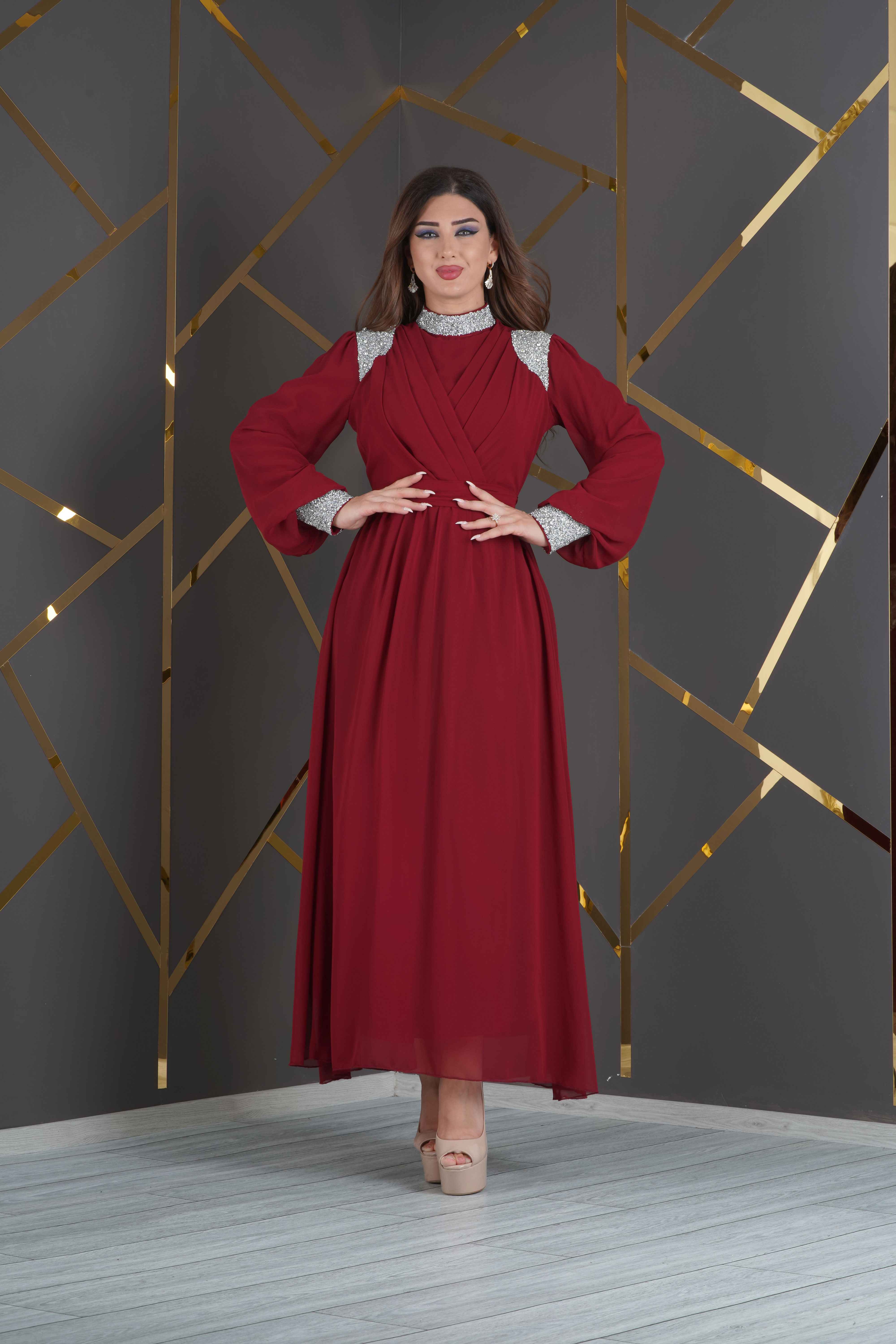 8701 - Tesettür Şifon Tasarım Taş Aksesuarlı Elbise Abiye