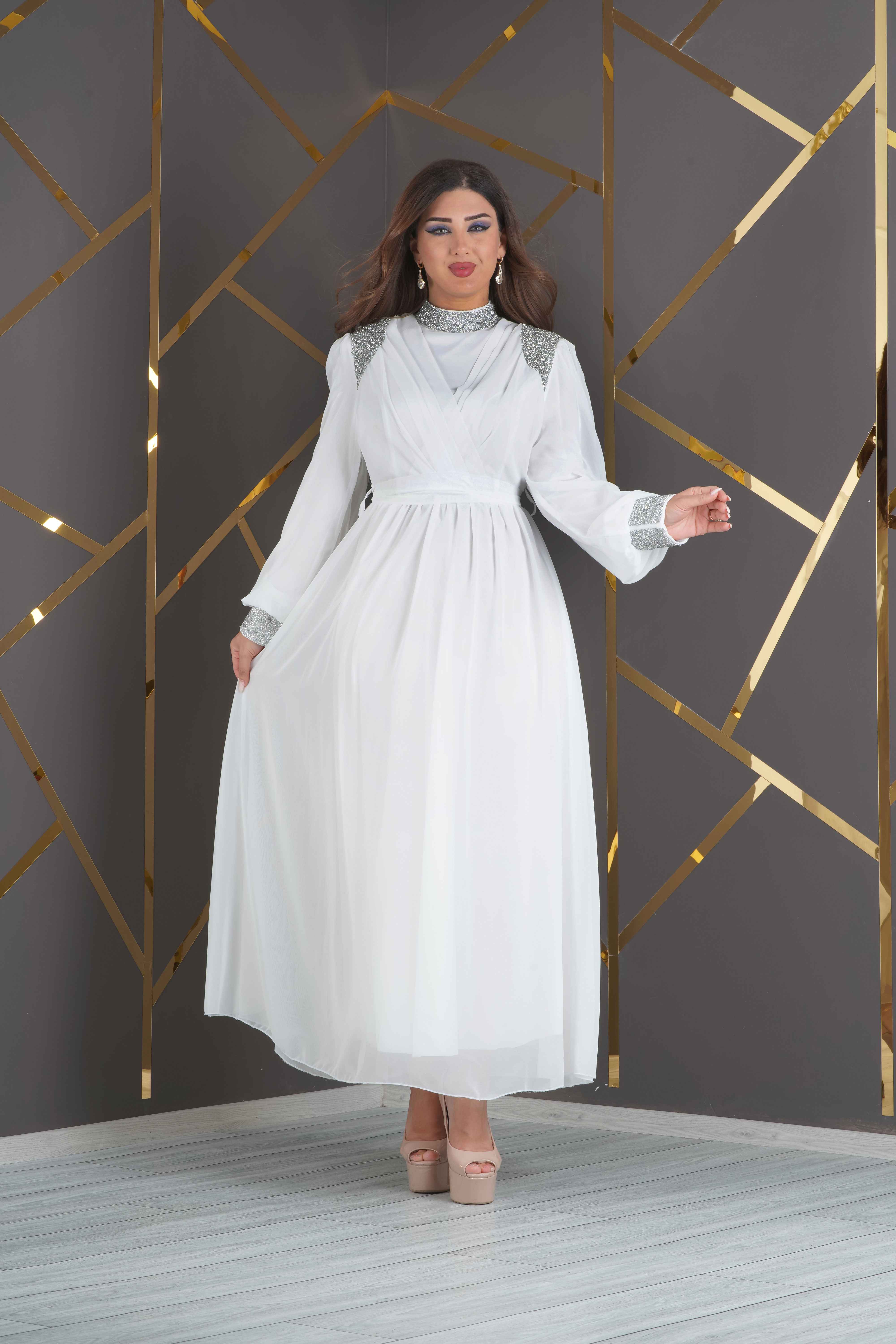8701 - Tesettür Şifon Tasarım Taş Aksesuarlı Elbise Abiye